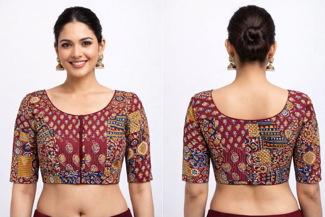 Morpankhi Ajrak Cotton Blouse-Red